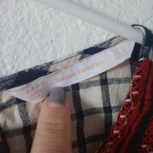 Zara Women's Embroidery Top Blouse Black and White Plaid size Medium - Picture 8 of 11